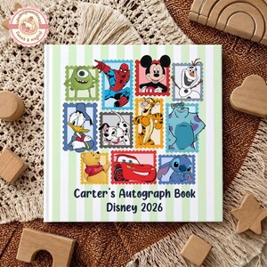 May include: A square autograph book with a light green and white striped background featuring various Disney character illustrations in colorful postage stamp frames. The text reads Carter's Autograph Book Disney 2026 in dark blue lettering.