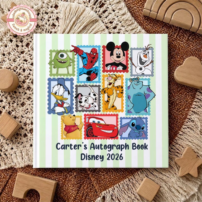 May include: A square autograph book with a light green and white striped background featuring various Disney character illustrations in colorful postage stamp frames. The text reads Carter's Autograph Book Disney 2026 in dark blue lettering.