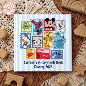May include: A square autograph book with a light blue and white striped background featuring various cartoon characters inside colorful postage stamp frames. The text reads Carter's Autograph Book Disney 2026 in dark blue lettering.