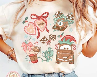 Retro Coquette Bow Disney Tow Mater Christmas Shirt, Disney Cars Coquette Baby Tee Crop Tank, Tow Mater Shirt, Cars Movie Christmas Shirt