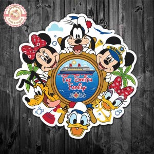 May include: A circular Disney-themed graphic featuring Mickey Mouse, Minnie Mouse, Goofy, Pluto, Donald Duck, and Daisy Duck. The characters surround a cruise ship scene with the text "The Smith Family 2020".