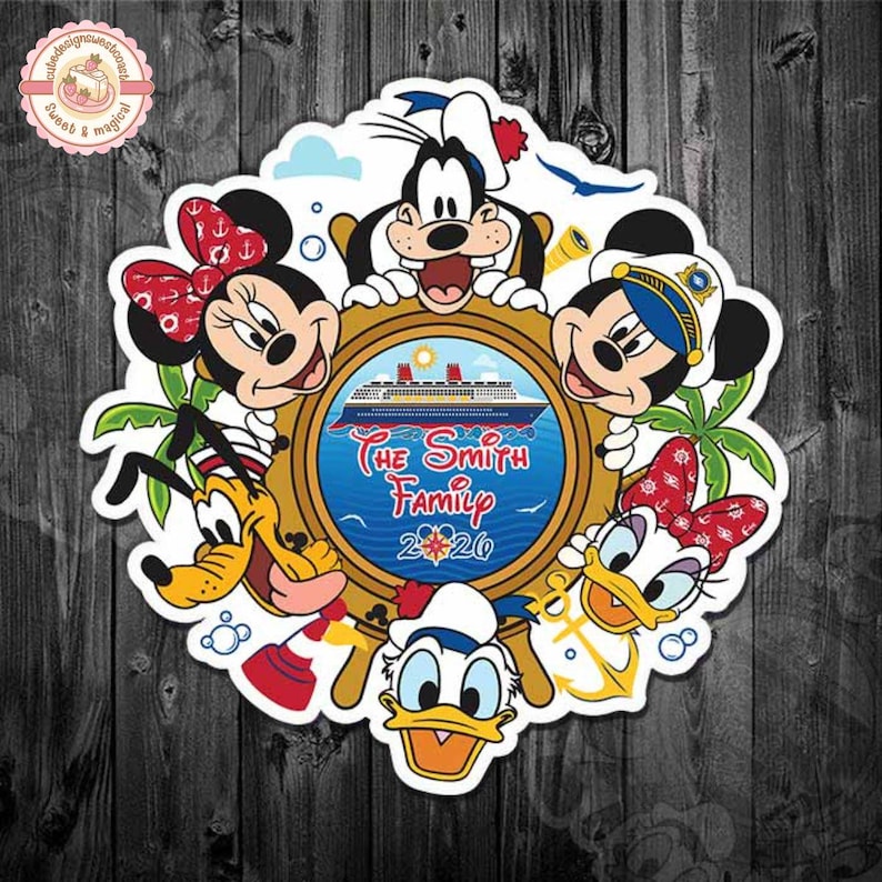 May include: A circular Disney-themed graphic featuring Mickey Mouse, Minnie Mouse, Goofy, Pluto, Donald Duck, and Daisy Duck. The characters surround a cruise ship scene with the text "The Smith Family 2020".