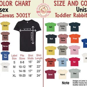 May include: A size and colour chart for unisex t-shirts and toddler shirts. The chart shows various colours, including black, red, and blue, with size measurements in inches. The text includes "Bella+Canvas 3001Y" and "Rabbit Skins 3321".