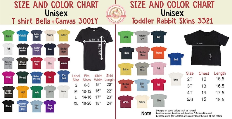 May include: A size and colour chart for unisex t-shirts and toddler shirts. The chart shows various colours, including black, red, and blue, with size measurements in inches. The text includes "Bella+Canvas 3001Y" and "Rabbit Skins 3321".
