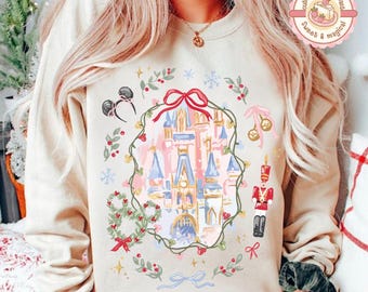 Retro Coquette Bow Disney Magic Kingdom Christmas T-shirt Sweatshirt, Mickey's Very merry Christmas Family Matching Shirts, Mickey Ear Xmas