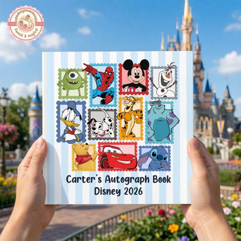 May include: A square autograph book with a light blue and white striped background featuring a grid of postage stamp-style illustrations of various cartoon characters. The text reads Carter's Autograph Book Disney 2026 in black font.