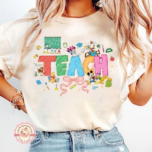 Coquette Bow Disney Teacher Characters Shirt, Happy Teacher's Day 2025, Teach Tee, Mickey and Friends Teaching Shirt, Gift For Teacher