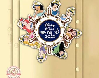 May include: A blue and gold nautical themed Disney Girls Trip 2025 design with a ship's wheel and various Disney princesses in captain's hats.