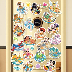 May include: A collection of colorful cartoon character stickers, each depicted relaxing on a pool float and holding an ice cream cone. The stickers feature various characters, including Darth Vader, Winnie the Pooh, and Mickey Mouse. Each sticker has the word "Name" on it.
