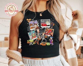 Retro Disney Characters Halloween Baby Tee Crop Tank, Toy Story Skeleton, Disney Cars Mummy, Monster Inc Tee, Mickey's Not So Scary Party