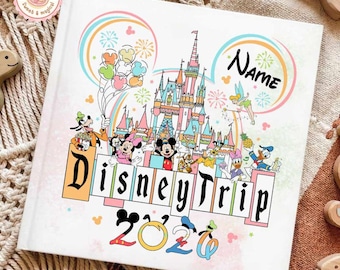 May include: White Disney Trip 2020 photo album featuring Disney characters, a castle, and the text "Disney Trip" and "Name". The album has a colorful design with balloons, fireworks, and a rainbow.