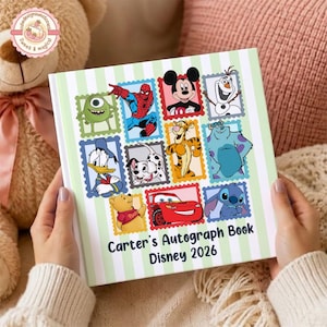 May include: A square autograph book with a light green and white striped cover featuring various cartoon characters in postage stamp frames. The text reads Carter's Autograph Book Disney 2026. Characters include Mickey Mouse, Spider-Man, and Winnie the Pooh.