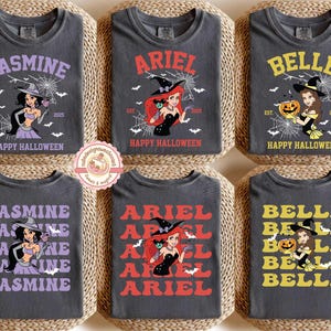 Two-sided Retro All Princesses Witches Halloween Shirts, Coquette Disney Princess Halloween Baby Tee, Belle Cinderella Ariel Snow White Elsa