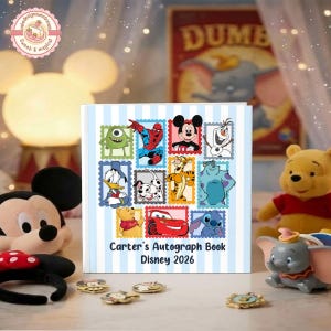 May include: A square autograph book with a light blue and white striped background. The cover features a collage of cartoon character illustrations arranged like postage stamps, including Spider-Man, Mickey Mouse, and Olaf. Text reads: Carter's Autograph Book Disney 2026.