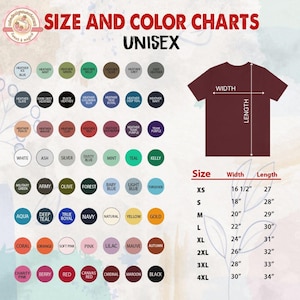 May include: Size and colour chart for unisex t-shirts, showing a maroon shirt with width and length measurements. Includes a wide range of colour options and size details from XS to 4XL, with measurements in inches.