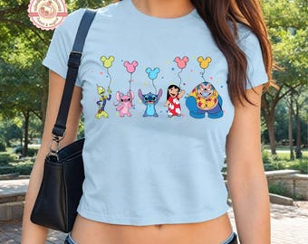 Coquette Lilo And Stitch Baby Tee Crop Tank, Stitch Friends Shirt, Stitch Balloons Crop Top, Stitch 2025 Shirt, WDW Girly Tee, Girls Trip