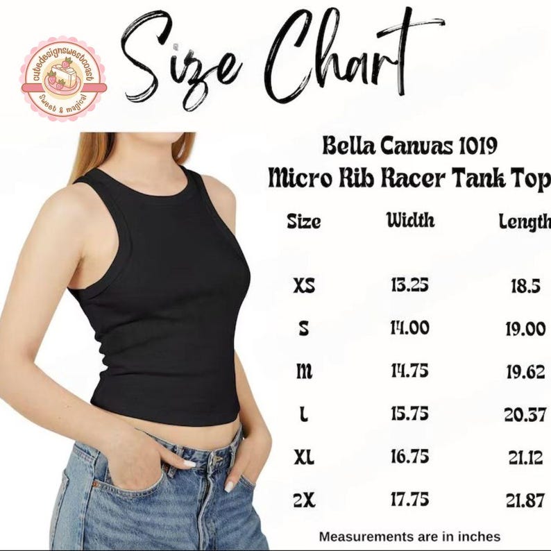 May include: A black Micro Rib Racer Tank Top from Bella Canvas 1019. The size chart shows measurements in inches for sizes XS to 2X. The tank top is shown on a person wearing blue jeans.