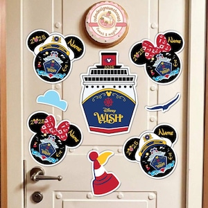 May include: A set of seven Disney Cruise Line 'Wish' themed door hangers. The hangers feature Mickey Mouse and Minnie Mouse in various poses, including a captain's hat, a sailor's outfit, and a bow. The hangers also feature the words 'Disney Wish' and '2025'.