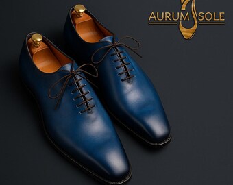 Handgemaakte blauwe leren oxfordschoenen: luxe geklede herenschoenen