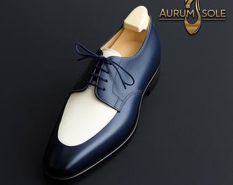 Handgemaakte blauw-witte Oxford-schoen voor heren, verkleedde formele schoenen voor heren