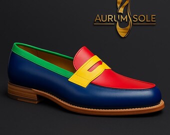 Mocasines coloridos de cuero genuino hechos a mano: Zapatos tipo mocasín para hombre
