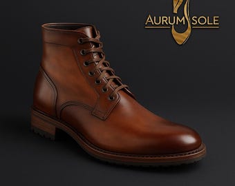 May include: A brown leather boot with a lace-up design. The boot has a rounded toe and a low heel. The brand name "AURUM SOLE" is displayed in gold lettering. The boot is set against a dark background.