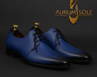 Handmade Blue Leather Derby Shoes | Black Gradient Toe