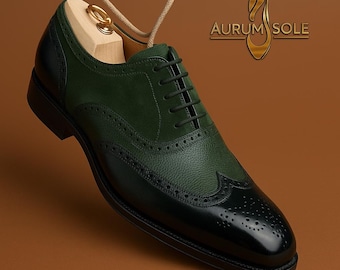 Handmade Men's Wingtip Oxford Shoes in Green Leather - Luxury Bespoke Footwear