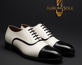 Handmade Men’s Black & White Leather Oxford Shoes | Two-Tone Dress Shoes