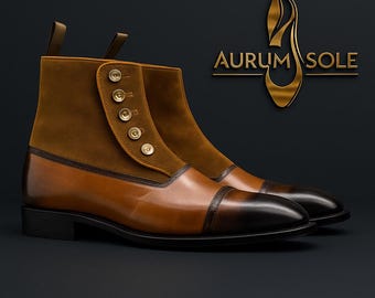 Botas con botones de cuero y gamuza marrón para hombre: estilo victoriano con punta