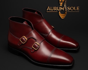 Handmade Burgundy Leather Double Monk Strap Boots: Aurum Sole