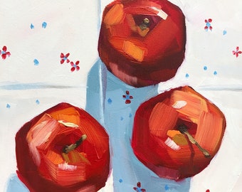 Still life painting- The Standoff - 6x6 apple oil painting by Sharon Schock