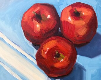 Still life painting- Three Apples - 6x6 fruit oil painting by Sharon Schock