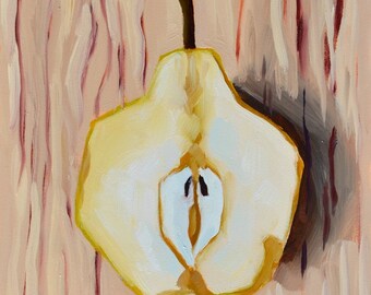 Still life painting- Pear Half - 6x6 fruit oil painting by Sharon Schock