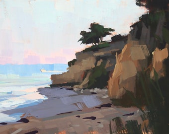 Last Light Leadbetter Beach Santa Barbara Art Print - gouache painting by Sharon Schock 10x15, 11x14, 12x16