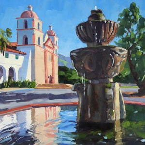 Mission Santa Barbara Art Print - Oil painting by Sharon Schock 8x10, 11x14, 16x20, 24x30