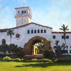 Santa Barbara Courthouse - Santa Barbara Oil painting by Sharon Schock 8x8, 12x12, 16x16, 20x20
