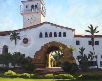 Santa Barbara Courthouse - Santa Barbara Oil painting by Sharon Schock 8x8, 12x12, 16x16, 20x20