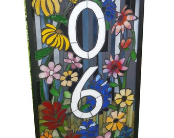 Custom House Number in Stained Glass Mosaic with Decorative Elements