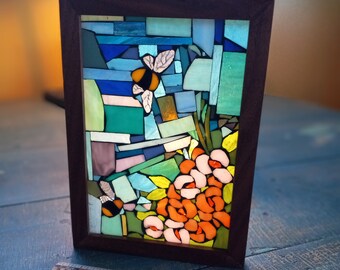 Stained Glass Mosaic Window Suncatcher Abstract Bees Flowers