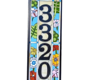 Custom House Number in Stained Glass Mosaic with Decorative Element