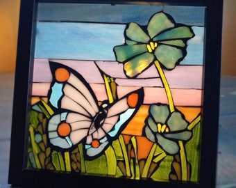 Stained Glass Mosaic Window Suncatcher Butterfly Flowers