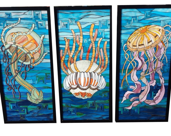 Custom Jellyfish Triptych Stained Glass Mosaic Etsy