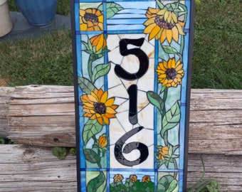 Custom House Number in Stained Glass Mosaic with Decorative Element