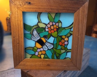 Stained Glass Mosaic Window Suncatcher Bee Flowers