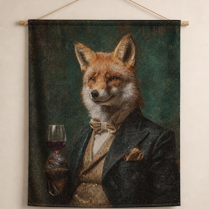 Dapper Fox Portrait Woven Wall Tapestry | Anthropomorphic Fox Art, Vintage Gentleman