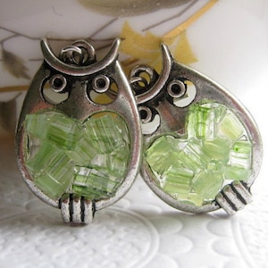 Stained Glass Peridot Owl Earrings