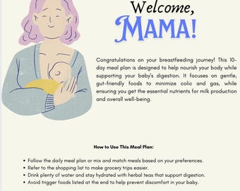 Może przedstawiać: Kolorowa ilustracja matki karmiącej piersią swoje dziecko. Tekst głosi "Witaj, MAMA!" i zawiera 10-dniowy plan posiłków dla matek karmiących piersią. Plan posiłków został opracowany, aby pomóc odżywić ciało matki, jednocześnie wspierając trawienie dziecka. Koncentruje się na łagodnych, przyjaznych dla żołądka produktach spożywczych, aby zminimalizować kolkę i gazy, zapewniając jednocześnie matce niezbędne składniki odżywcze do produkcji mleka i ogólnego samopoczucia.