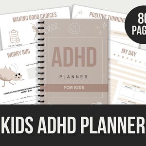 Op de afbeelding: Een bruine planner met de tekst "ADHD Planner for Kids" op de kaft. De planner heeft een spiraalbinding en is 80 pagina's lang. De planner is ontworpen om kinderen met ADHD te helpen hun tijd te managen en georganiseerd te blijven.