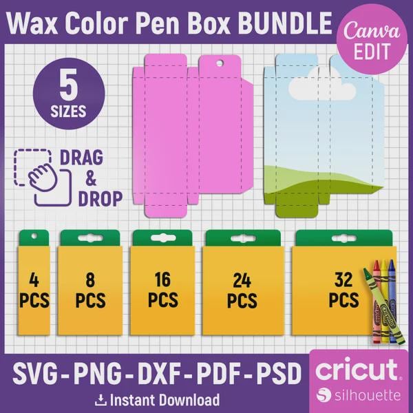 Crayon Box Template Bundle, Mini Wax Color Pen Gift Box, Box SVG, Party Favor Box, Gift Box SVG